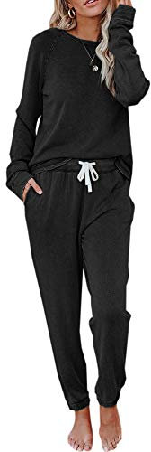 Fessceruna Damen Schlafanzug Langarm Rundhalsausschnitt Freizeitanzug Hausanzug Einfarbig Zweiteiliger Outfit Casual Loungewear Herbst (DE/NL/SE/PL, Alphanumerisch, XS, Regular, Regular, Schwarz)