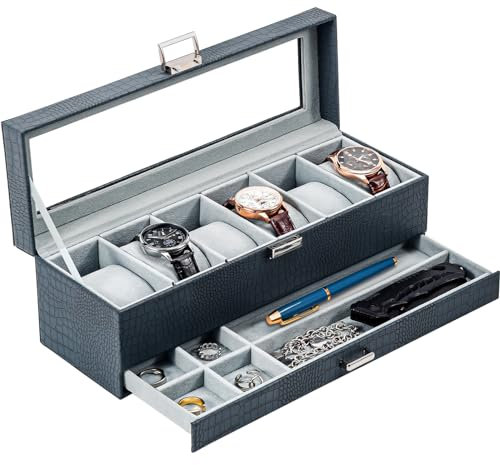 ProCase Uhrenbox mit 6 Fächern,Uhrenkasten mit Glasdeckel, 2 Ebenen, Uhrenkoffer mit herausnehmbaren Uhrenkissen, Uhrenschatulle für Schmuck, Ringe, Armbänder und Halsketten -Blau