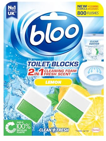 New Bloo Toilet Blocks, Pack of 2, Limescale Remover Cistern Block, Cleaner Block with Cleaning and Foaming Action, Fresheners – Lemon