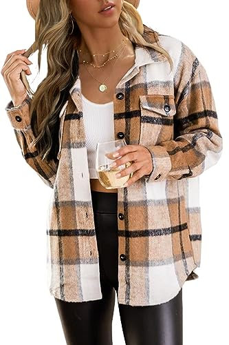 Zeagoo Veste à Carreaux Femme Automne Hiver Chemise Boutons Casual Oversized Chemise Flanelle Chaude Chemise Manches Longues Marron Blanc XL