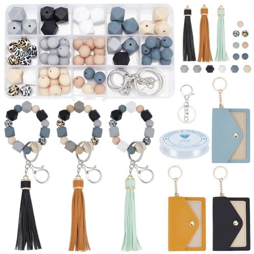 WEBEEDY Silicone Beads Keychain Making Kit Assorted Silicone Beads with 3 Styles PU Leather Card Holder Wallet for Wristlet Bracelets Necklace Keychains Jewelry Pen DIY Gift Crafts Making