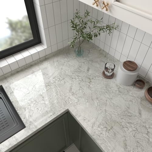 VaryPaper Grey Marble Effect Self Adhesive Vinyl Wallpaper 40cmx200cm Glossy Marble Contact Paper for Kitchen Worktop Vinyl Wrap for Furniture Marble Sticky Back Plastic Cupboards Adhesive Table Cover