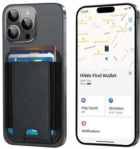HiWe MagSafe Brieftasche Mit Find My, Verfolgbare Magnetische Kartenhalterung für iPhone 16/15/14/13/12 Serie, Nicht für Android, Veganes Leder, 4 Karten, RFID-Blockierung, Schwarz