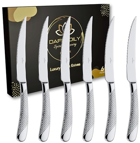 DAFFODILY® Luxury Cutlery Set, 18/10 Stainless Steel, Mirror Finish Cutlery Sets, Dishwasher Safe, Ideal for New Home Gifts, Flatware Silverware (Silver Steak Knife 6 Pc)