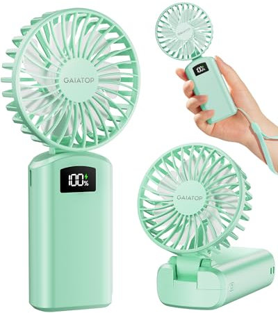 Gaiatop Portable Handheld Fan, 180°Foldable for Desk, 6.5H Max Lasting, 3 Speed Setting, Small and Lightweight, USB Rechargeable Battery with Digital Display for Office Indoor Outdoor Makeup Green