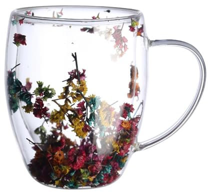 2 Tazas de Café de Vidrio Transparente de Doble Pared, Tazas de Café de Vidrio de Doble Pared con Flores, Tazas de Vidrio Transparente Creativas con Flores, Taza de Vidrio Transparente(350ML)