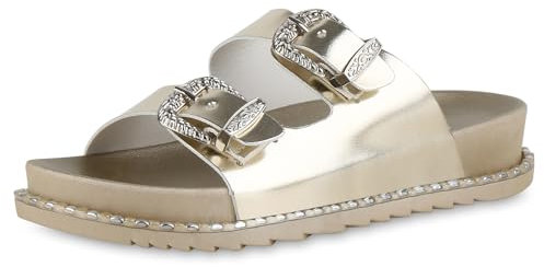VAN HILL Damen Pantoletten Flach Schnallen Trendy Schuhe 214832 Gold Nieten 37