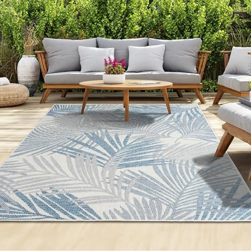 homeart Outdoor Rug - Easy-Clean, Durable, Stain-Resistant, Weather & UV Resistant Indoor & Outdoor Rugs for Porch, Deck, Balcony, Garden, Picnic and Patio | Palm Blue, Grey - 80x150cm