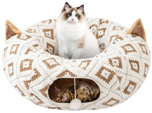 Morikey Katzentunnel mit Katzenbett für Indoor-Katzen, 3 in 1 Katzen-Donut-Tunnel, niedliches Katzenbett mit Kissen Guckloch und Katzenohr für Katzen, Kätzchen, Kaninchen, neues Jacquard-Muster, Braun