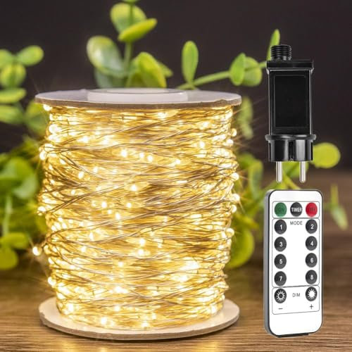 ZELUXDOT Catena Luminosa LED da 50m, Impermeabile, Bianco Caldo,con 1000 LED distanziati di 5cm Alimentazione a Spina, con Telecomando per Decorazioni di Soggiorno, Camera da Letto,Matrimonio o Natale
