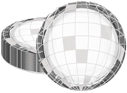 LeZakaa 25Pcs Disco Ball Paper Plates - Disco Ball Silver Foil Design Disposable Party Plates Decorative Tableware Supplies Table Decor for 70s Disco, Bachelorette Party, Birthday, Wedding - 9 Inch