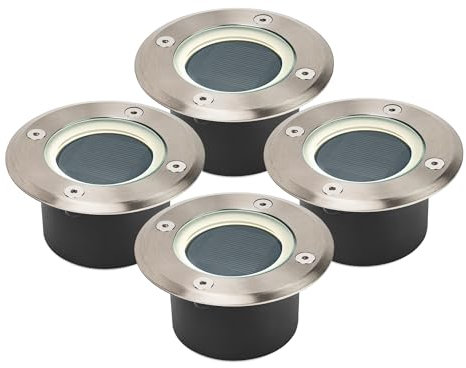 Brendz 4 Stück Solar Bodenleuchten Aussen, LED, 20 Lumen, IP67 Wasserdicht, 3000K Warmweißes Licht, Lithium-Polymer-Akku, Solar Gartenleuchten, Bodenstrahler Außen, Silber, Doha