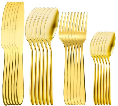 RETON 24 Pieces Cutlery Set for 6 People, Stainless Steel Knife Fork Spoon Set, Tableware Silverware Set for Home/Party/Restaurant, Dishwasher Safe and Mirror Polished (Gold)