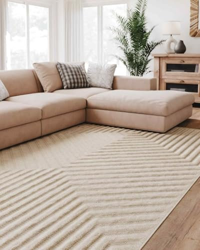 Interiyou Teppich Wohnzimmer Lecce - 200x290 cm Creme - Für Schlafzimmer, Esszimmer, Kinderzimmer - Kurzflorteppich skandinavisches Boho Muster - Hoch-Tief Effekt - Flach mit Geometrischem Muster