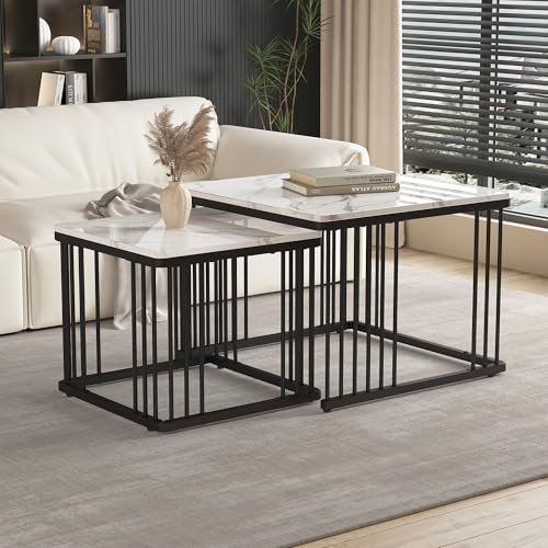 Montary Couchtisch Quadratisch 2er Set, 60 * 60 * 45cm & 45 * 45 * 40cm, couchtisch mit hochglänzender marmor Optik und höhenverstellbare Füße, bis 30kg belastbar,Nesting-Kombination Couchtisch