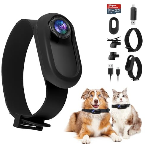 1080P HD Cat Collar Camera Cordless Dog Collar With 170° Wide Angle & 32GB SD Card, Mini Sport Action Pet Camera for Video Records and Photos