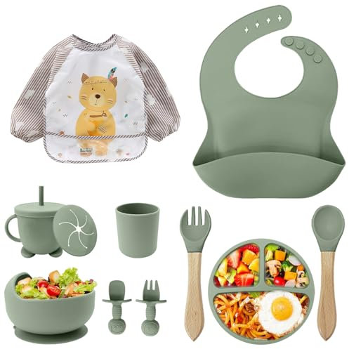 Baby Weaning Set,11PCS Silicone Baby Feeding Set with Suction Bowl and Baby Plate, Silicone Bib,Spoon,Fork & Sippy Cup,BPA Free Weaning Set, Baby Cutlery,Baby Gifts & Presents