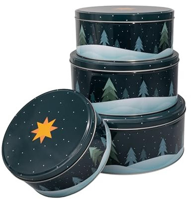 INSPINOVIA Keksdosen 4er Set | Ideal für Weihnachtsplätzchen & andere Leckereien | 4 Größen im Set | Gebäck & Aufbewahrungsdosen in bezaubernden Designs für viele Anlässe (Tannenbäume im Schnee)