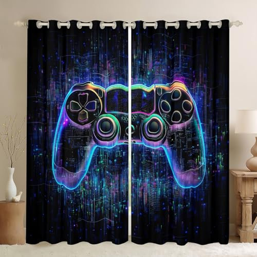 Game-Controller-Vorhänge für Fenster, elektronische Spiel-Linien-Druckvorhänge für Wohnzimmer, moderne Gamer-Gaming-Verdunkelungsvorhänge, 2 Paneel-Sets, 46 x 54 L, Blau / Schwarz