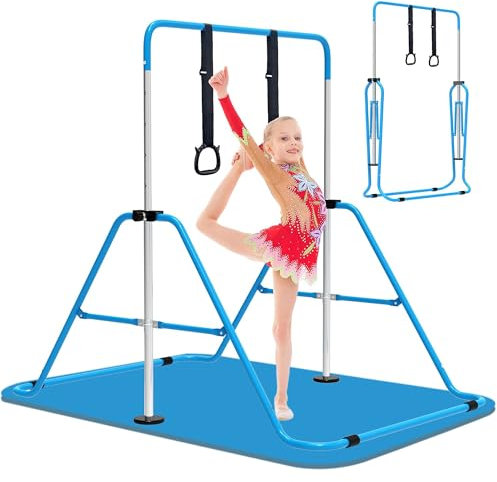 EVERYMILE Gymnastics Bars With Mat, Adjustable Height Folding Horizontal Bar with Gymnastic Rings, Junior Training Kip Bar Gymnastics Equipment for Home