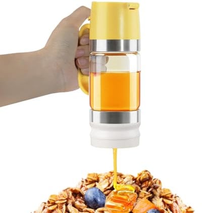 LengSuaa Honey Dispenser No Drip with Handle, 300ML Glass Honey Dispenser, Clear Glass Honey Container Honey Jar With Stand, yrup Dispenser for Coffee or Tea (Yellow)