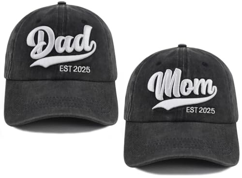 TypasTdqk Baseballkappe, Motiv: Mama und Papa Est 2025, verstellbar, 3D-bestickt, Geschenk für neue Eltern, 2 Stück, Schwarz, Einheitsgröße