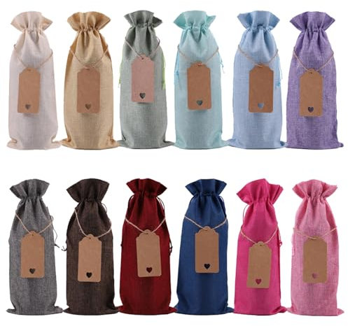 Dulamet 12 Stück Jutesack Weinbeutel, Sackleinen Weinbeutel mit Anhänger, Bunte Wiederverwendbare Weintüten mit Kordelzug für Wein Geschenktüten flaschentüten Bankettbeutel