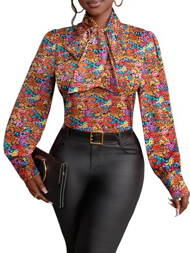 Vrtige Women's Elegant Bow Tie Neck Long Sleeve Blouse Office Shirt Top