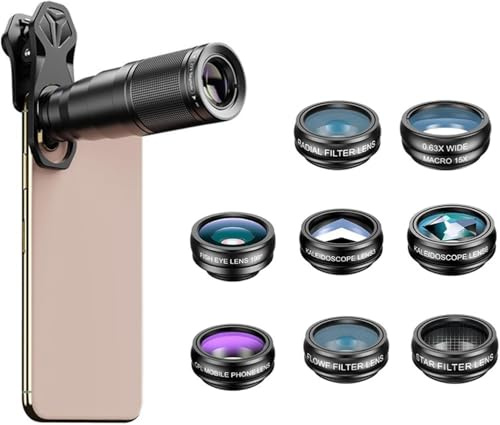 Auricase 10-in-1 Mobile phone lens set, Macro, universal Phone camera lens, 22X telephoto lens, 15X macro, 0.63x wide, 198° fisheyelens, Phone lens for iphone and for most smartphones