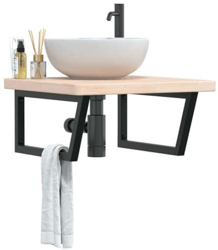 KTHLBRH Schwebendes Waschbecken-Regal mit Stahlstruktur und Platte aus massivem Eichenholz, geräumiger Stauraum für Badezimmer, Trapez-Design mit Handtuchhalter, Montage