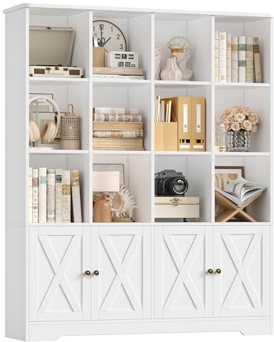 FirFurd Bücherregal mit Türen, Bücherschrank mit 12 Fächern, Weiß | Bücherschrank mit Türen Bücherregal Kinder Wohnzimmerschrank Hochschrank für Büro, Arbeitszimmer, Jugendzimmer 144x29x121cm
