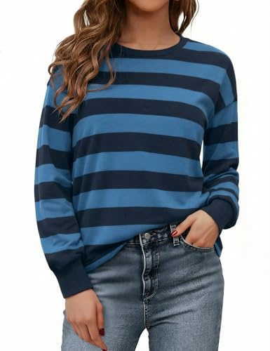 Aottori Sweatshirt Damen Gestreift Oversize Pullover Rundhals Locker | Langarmshirt Farbblock, Oberteile Elegant, Top Langarm, Pulli Ohne Kapuze, Baumwolle, Casual, Herbst, für Alltag Freizeit