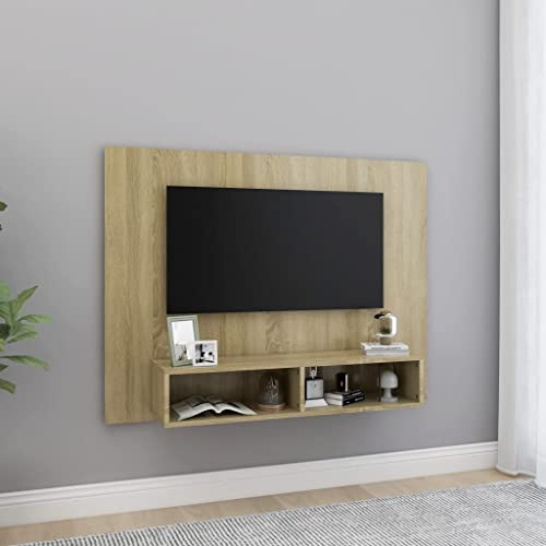 LoogCape Armario de pared para TV, roble Sonoma, 120 x 23,5 x 90 cm, material de madera, robusto armario para televisión con compartimentos abiertos, ideal para salón, versátil soporte universal para