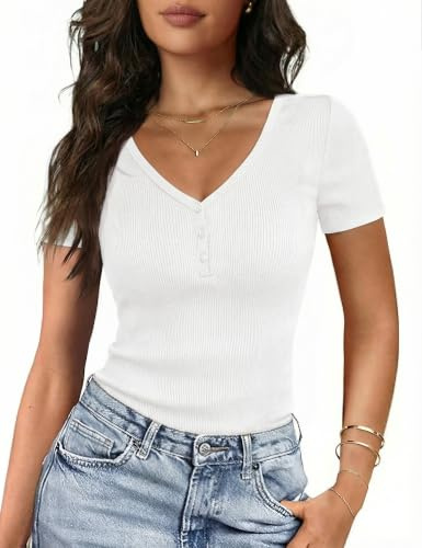 Gyabnw Women's Summer Top V Neck Short Sleeve Ribbed Knit Slim Fit White
