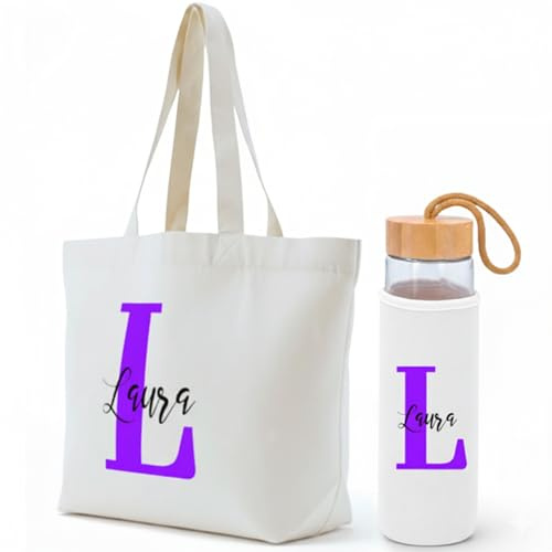 Gifters | Sac et bouteille en verre de 530 ml personnalisés avec initiale et prénom | Tote bag avec fermeture éclair | Coffret cadeau original pour femme, amie, maman ou enseignante