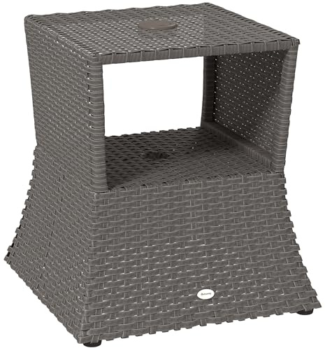 Table basse d'extérieur en rotin Outsunny, table d'appoint de jardin en osier avec trou pour parasol et espace de rangement pour balcon, porche, gris foncé