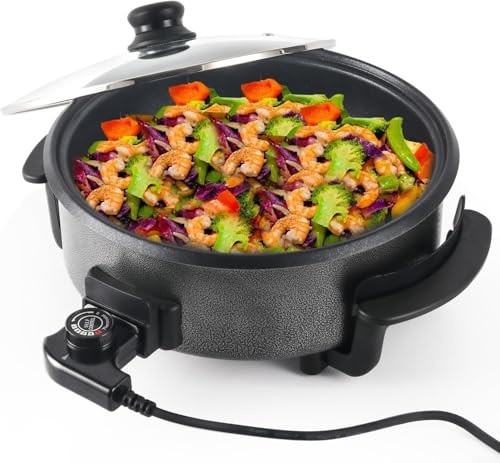 Durashmall 42CM Electric Frying Pan (9 Cm Deep) | 1500W Nonstick Skillet with Glass Lid 5 Level Temperature Control for Hot Pot Pizza Grilling and Family Parties Black