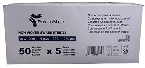 PintoMed - Compressa in TNT - Tamponi di garza di cotone - sterile, 4 ply, 10 cm x 10 cm, 250 unità, 50 buste da 5 garze