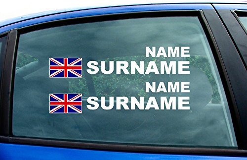 Union Jack England Scotland Wales Ireland Flag Rally Race Tag Full Names Surname Text Window Stickers Decals Small to Large Sizes