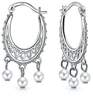 Boho Ethnischer Indischer Stil Weiße Süßwasser Kulturperlen Quasten Perlen Filigran Kronleuchter Creolen Ohrringe Für Frauen Teen .925 Sterling Silber Klappverschluss.