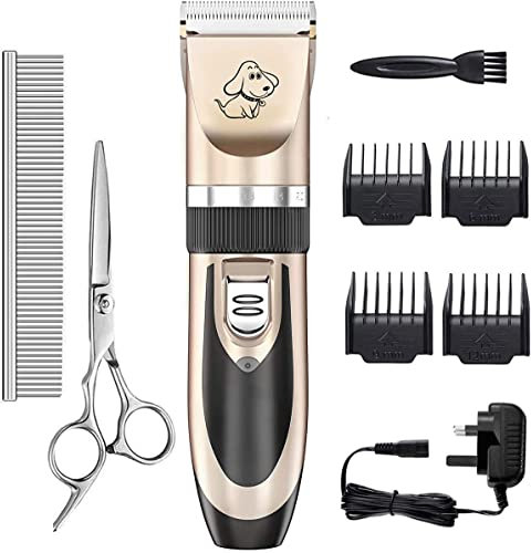 Dog Clippers, Everesta Low Noise Rechargeable Cordless Pet Dogs and Cats Electric Grooming Clippers Kit with Shears and Comb (Gold+Black)
