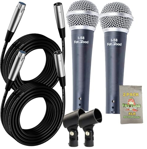 Fat Toad Vocal Microphones with XLR Mic Cables & Clips (2 Pack) Cardioid Dynamic Handheld for Home Studio Recording Package, Live Stage Singing, Adult DJ Karaoke | Pro Audio Mic Cords, 3-Pin Wire