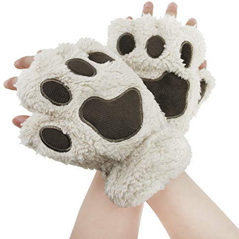 AfinderDE Halbhandschuhe Fingerlos Handschuhe Damen Mädchen Plüsch Halb Handschuhe dicken warmen Fingerhandschue Cartoon Tier Bär Katze Krallen Winterhandschuhe