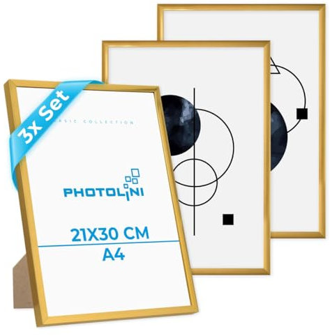 PHOTOLINI Bilderrahmen A4 21x30 cm Gold, 3er Set Kunststoff-Rahmen schmal, bruchsicheres Acrylglas, zum Aufstellen und Aufhängen, extra Zubehör - Dokumentenrahmen für Urkunden, Zertifikate & Fotos