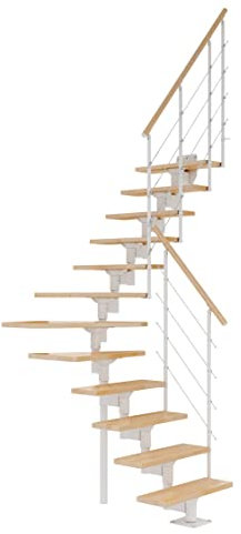 DOLLE Mittelholmtreppe - 11 Stufen - Geschosshöhe 228 – 300 cm - ¼-gewendelt - Stufen Buche, lackiert - Unterkonstruktion: Weiß (RAL 9016) - volle Stufen 70 cm - inkl. Geländer - Nebentreppe