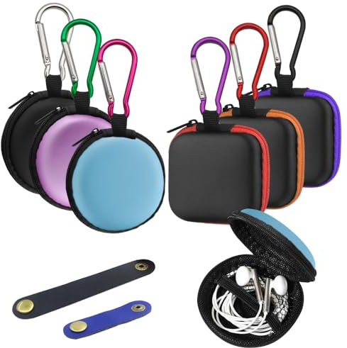 SENHAI Kleine quadratische und runde tragbare Ohrstöpsel-Aufbewahrungsbox mit Karabinern und 2 Kopfhörerkabel-Clips für Kopfhörer, Bluetooth, U-Disk, SD-Karten