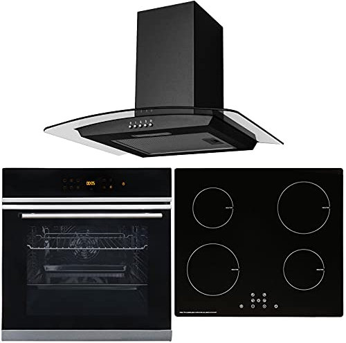 SIA BISO6SS 60cm Black Touch Control 10 Function Single Fan Oven, 4 Zone Induction Hob & Curved Glass Cooker Hood Kitchen Extractor Fan