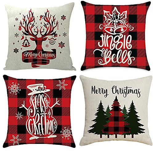 HIQE-FL Leinen Dekokissen 45x45cm,4 Stück Kissenbezug Weihnachten,Dekorative Kissenhülle,Kissenhülle Weihnachten,Weihnachten Kissenbezug Rehntier,Kissenbezug Weihnachtsmotiv