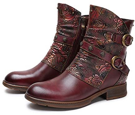 CrazycatZ Women Leather Ankle Boots, Vintage Floral Colorful Leather Boots (Red, 5 UK, numeric_5)