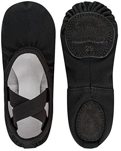 tanzmuster Ballettschuhe Mädchen - Bonnie - aus Baumwoll-Stretch - Geteilte Ledersohle - Ballettschläppchen für Kinder - Schwarze Tanzschuhe fürs Ballett, schwarz, 34